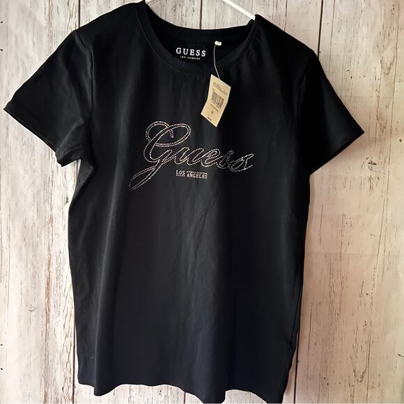 Guess Women's Short Sleeve Black Rhinestone Logo Selina Crew Tee Sz M - Picture 1 of 12